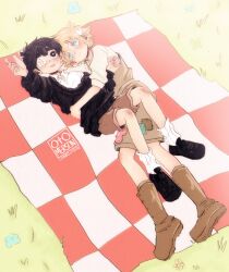 2boys alternate_costume alternate_universe artist_name basil_(faraway)_(omori) basil_(omori) black_eyes black_hair black_shoes black_sweater_vest blonde_hair blue_eyes blush boots bright_pupils brown_boots brown_overalls brown_shorts checkered_blanket closed_mouth collared_shirt commission eyepatch flower hair_flower hair_ornament highres hug long_sleeves looking_at_another multiple_boys omori open_mouth otomerson overall_shorts overalls picnic_blanket shirt shoes shorts smile socks spoilers sunny_(omori) sweater_vest white_pupils white_shirt white_socks yaoi