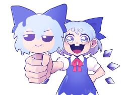 1girl blue_bow blue_dress blue_eyes blue_hair bow bowtie buck_teeth character-themed_food cirno cirno_day collared_shirt commentary dress english_commentary food fumo_(doll) hair_bow highres holding holding_food holding_popsicle ice ice_wings looking_at_viewer nnickykunn open_mouth popsicle puffy_short_sleeves puffy_sleeves red_bow red_bowtie shirt short_hair short_sleeves simple_background smile solo teeth thick_eyebrows touhou upper_body white_background white_shirt wings