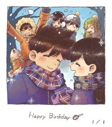 2girls 4boys aubrey_(faraway)_(omori) aubrey_(omori) basil_(faraway)_(omori) basil_(omori) black_eyes black_hair black_mittens blonde_hair blush bright_pupils brown_hair closed_eyes closed_mouth coat dated day dog earmuffs grin happy_birthday hector_(omori) hero_(faraway)_(omori) hero_(omori) hood hood_up kel_(faraway)_(omori) kel_(omori) long_hair looking_at_another mari_(faraway)_(omori) mari_(omori) mittens multiple_boys multiple_girls omori one_eye_closed open_mouth orange_coat outdoors parted_lips purple_coat scarf short_hair smile snow snowing sun_iiinu sunny_(omori) teeth tree upper_teeth_only white_pupils zipper