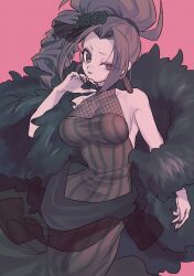 Rule 34 | black nails, breasts, brown eyes, brown hair, choker, cleavage, dress, drill hair, earrings, eyelashes, eyeshadow, flower, fur trim, hair flower, hair ornament, hairband, half-closed eyes, jewelry, kaihime, large breasts, lips, long eyelashes, long hair, long nails, makeup, nail polish, parted bangs, ponytail, sash, sengoku musou, side ponytail, sideboob, smile, striped clothes
