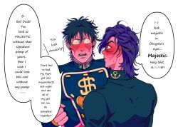 Rule 34 | 1boy, anchor, black hair, blue eyes, blush, diamond wa kudakenai, dollar sign, english text, gakuran, grey hair, hair down, heart, higashikata josuke, highres, jojo no kimyou na bouken, male focus, messy hair, peace symbol, school uniform, solo, sweat, tariah furlow, yaoi, yen sign