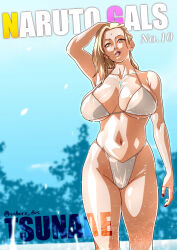 1girl arm_at_side bare_shoulders beach bikini blonde_hair breasts brown_eyes character_name collarbone copyright_name cowboy_shot facial_mark forehead_mark from_below hair_behind_ear hand_on_own_head highleg highleg_bikini highres jewelry large_breasts long_hair looking_at_viewer nail_polish naruto naruto_(series) navel necklace parted_lips pendant red_nails saburo_des sideboob swimsuit tsunade_(naruto) twitter_username underboob wet wet_hair