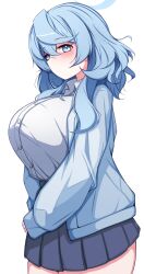 1girl absurdres ako_(blue_archive) alternate_costume blue_archive blue_eyes blue_hair blue_jacket blue_skirt blush breasts commentary_request gbr20210907 halo highres huge_breasts jacket long_hair long_sleeves looking_at_viewer partial_commentary pleated_skirt school_uniform shirt simple_background skirt solo thighs white_background white_shirt