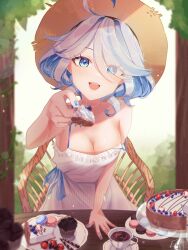 1girl :d absurdres ahoge alternate_breast_size bare_shoulders blue_eyes blue_hair blue_nails blue_pupils blush breasts cake cake_slice cleavage coffee commentary cup dated day dress drop-shaped_pupils ekeeji english_commentary eyes_visible_through_hair fingernails food foot_out_of_frame fork fruit furina_(genshin_impact) genshin_impact hair_between_eyes hair_over_one_eye hand_up hat heterochromia highres holding holding_fork incoming_food light_blue_hair looking_at_viewer macaron medium_breasts medium_hair multicolored_hair nail_polish open_mouth plate saucer signature smile solo strap_slip straw_hat strawberry streaked_hair sundress symbol-shaped_pupils teacup teeth tray upper_teeth_only white_dress white_hair