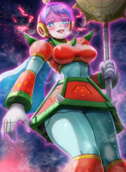 1girl armor blue_eyes blue_hair blush breasts cowboy_shot electricity highres holding holding_polearm holding_weapon kiwakiwa large_breasts long_hair mega_man_(series) mega_man_x:_command_mission mega_man_x_(series) pink_pupils polearm red_armor red_skirt refflesian_(mega_man) skirt solo spikes weapon