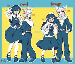 2girls :d alternate_height backpack bag blue_eyes blue_hair blue_jumpsuit blue_shoes blue_skirt closed_eyes collared_shirt commentary_request cone_hair_bun double_bun expectation_vs._reality frilled_shirt frilled_sleeves frills fukurai_azami full_body ha_ru_ta_38 hair_bun hand_on_another&#039;s_head hand_on_own_hip height height_difference jasmine_(toshi_densetsu_kaitai_center) jumpsuit limited_palette long_sleeves looking_at_another multiple_girls open_mouth pantyhose shirt shoes short_hair skirt smile standing toshi_densetsu_kaitai_center white_pantyhose white_shirt