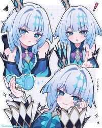 Rule 34 | !, 1girl, bare shoulders, blue eyes, blue hair, blush, cerydra (honkai: star rail), chess piece, closed mouth, crown, hand up, highres, holding, holding chess piece, honkai: star rail, honkai (series), index finger raised, looking at viewer, mini crown, multiple views, omuyan, parted lips, pout, smile, upper body
