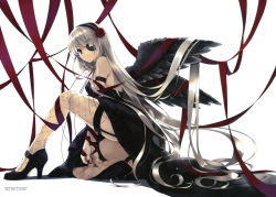 10s 1girl 2010 armband black_dress black_footwear black_thighhighs black_wings breasts brown_eyes clothes_lift cradle_(circle) dated dress eyepatch fishnets hairband high_heels lingerie long_hair looking_at_viewer medium_breasts misaki_kurehito original ribbon shoes silver_hair skirt skirt_lift source_request strapless strapless_dress thighhighs underwear white_background wings