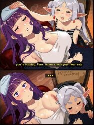 2girls artist_name blunt_bangs blush breasts cloth earrings elf english_text fern_(sousou_no_frieren) floating_earrings frieren head_on_another&#039;s_chest highres jewelry large_breasts multiple_girls patreon_username pointy_ears purple_eyes purple_hair purple_pupils short_eyebrows snegovski sousou_no_frieren sweat tank_top teardrop_earrings thick_eyebrows under_covers visible_air white_tank_top yuri