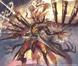 1boy black_coat claws coat commentary_request copyright_notice duel_masters feet_out_of_frame floating_gun looking_at_viewer male_focus monster_boy official_art open_mouth so-taro solo standing taur valiant_illusion_infinite wings