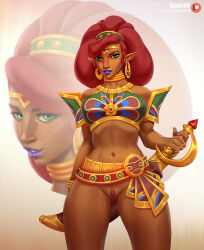 1girl armor artist_name bottomless bracelet breasts circlet clitoris commentary cowboy_shot crop_top dark-skinned_female dark_skin english_commentary eyebrows_hidden_by_hair gerudo gluteal_fold green_eyes jewelry medium_breasts navel neck_ring nintendo parted_lips pointy_ears purple_lips purple_nails pussy red_hair rino99 sheath sheathed shoulder_armor sword the_legend_of_zelda the_legend_of_zelda:_breath_of_the_wild urbosa weapon