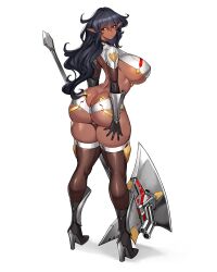 1girl ass axe black_gloves black_hair boots breasts butt_crack commentary curvy dark-skinned_female dark_elf dark_skin elf gloves gurimjang high_heel_boots high_heels highres holding holding_axe huge_ass huge_breasts long_hair long_pointy_ears mature_female original pointy_ears red_eyes revealing_clothes simple_background solo underboob white_background wide_hips