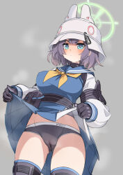 1girl animal_ears aqua_eyes black_gloves black_panties blue_archive blue_sailor_collar blue_shirt blue_skirt blush breasts cameltoe clothes_lift fake_animal_ears gloves grey_hair halo helmet highres large_breasts long_sleeves looking_at_viewer nada_haruka neckerchief panties pleated_skirt rabbit_ears sailor_collar saki_(blue_archive) shirt short_hair sidelocks skirt solo thighhighs thighs two-tone_skirt underwear white_helmet white_skirt white_sleeves yellow_neckerchief