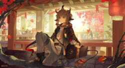 1boy absurdres animal_ears arknights birchboat bison_(arknights) bison_(soaring_will)_(arknights) brown_eyes brown_hair chinese_commentary commentary_request cow_boy cow_ears cow_horns grey_pants highres horns indoors male_focus official_alternate_costume pants short_hair sitting solo