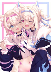 Rule 34 | 2girls, adopot, animal ear fluff, animal ears, bandaid, bandaid hair ornament, black jacket, blonde hair, blue eyes, blue hair, blush, breasts, dog ears, dog girl, dog tail, fuwawa abyssgard, fuwawa abyssgard (1st costume), hair intakes, hair ornament, hairclip, headphones, highres, hololive, hololive english, horn hairband, jacket, large breasts, long hair, long sleeves, looking at viewer, medium breasts, mococo abyssgard, mococo abyssgard (1st costume), multiple girls, navel, one eye closed, open mouth, parallel hairclips, pink eyes, pink hair, short hair, siblings, simple background, sisters, smile, stomach, tail, twins, unworn headphones, upper body, virtual youtuber, white background, x hair ornament