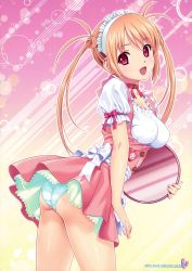 1girl apron arched_back ass blonde_hair bow breasts choker cleavage covered_erect_nipples cowboy_shot female_focus from_side highres koutaro leaning_forward looking_at_viewer maid maid_apron maid_headdress medium_breasts nail_polish non-web_source panties pantyshot red_eyes short_sleeves smile solo standing tray twintails underwear upskirt waitress white_panties