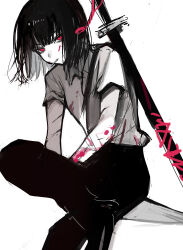1girl absurdres bandaged_arm bandages black_hair black_pants black_shoes blood blood_on_arm blood_on_face chuhaibane collared_shirt highres limbus_company medium_hair pants project_moon red_eyes ryoshu_(project_moon) shirt shoes sitting solo spot_color sword weapon white_background white_shirt
