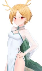 Rule 34 | 1girl, antlers, blonde hair, blue dress, blush, breasts, china dress, chinese clothes, dakuazu, dragon girl, dragon horns, dragon tail, dress, green scales, green tail, highres, horns, kicchou yachie, long sleeves, looking at viewer, monster girl, puffy long sleeves, puffy sleeves, red eyes, scales, see-through clothes, see-through sleeves, short hair, side slit, simple background, solo, tail, touhou, turtle shell, white background, yellow horns