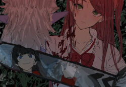 Rule 34 | 1boy, 2girls, akabane youko, akabane youko (1st costume), black hair, blood, blood on clothes, blood on face, blush, bow, bowtie, chainsaw, closed mouth, collared shirt, crazy, empty eyes, expressionless, fang, foliage, gilzaren iii, green eyes, grin, hand up, head tilt, holding, holding chainsaw, isshiki (ffmania7), long hair, loose bowtie, multiple girls, nervous smile, nijisanji, one side up, pink sweater, purple eyes, red bow, red bowtie, red hair, reflection, scared, severed head, shirt, smile, sweater, tsukino mito, tsukino mito (hoodie), upper body, virtual youtuber, white hair, white shirt