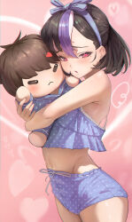 1girl absurdres bare_shoulders black_hair blush character_doll commander_(nikke) commentary doll goddess_of_victory:_nikke hairband heart heart-shaped_pupils highres hug jindogod looking_at_viewer midriff mole mole_under_eye multicolored_hair navel open_mouth pajamas purple_eyes purple_hair short_hair sleeveless solo symbol-shaped_pupils syuen_(nikke) white_hair