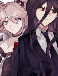 1boy 1girl bear_hair_ornament black_jacket black_necktie black_shirt blonde_hair bow breasts cleavage collarbone collared_shirt danganronpa:_trigger_happy_havoc danganronpa_(series) danganronpa_2:_goodbye_despair enoshima_junko frown grey_necktie grey_shirt hair_between_eyes hair_ornament hakumai_(mgmg_okomee) highres jacket kamukura_izuru large_breasts long_hair necktie red_bow red_eyes shirt twintails