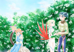 1boy 2girls animal_ears blonde_hair blue_eyes blue_hair breath_of_fire breath_of_fire_v capcom cat_ears couple hetero lin lin_(breath_of_fire) multiple_girls nina_(breath_of_fire_v) red_hair red_wings ryu_(breath_of_fire_v) short_hair syri wings