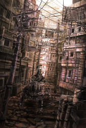 1girl alley bag blue_eyes blue_hair building city coat female_focus hands_in_pockets hat long_hair looking_at_viewer matching_hair/eyes mecha muted_color original pet power_lines riding robot satchel scarf scenery science_fiction sign sitting solo sonidoriy stairs utility_pole