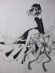 Rule 34 | 1girl, asymmetrical dress, ball, bare shoulders, barefoot, black boots, black dress, black hair, black sleeves, boots, d.gray-man, detached sleeves, dress, facing to the side, floating clothes, floating hair, flower, greyscale, hair between eyes, legs, lenalee lee, long dress, long hair, looking ahead, looking to the side, minebaallen, monochrome, parted lips, plant roots, profile, ribbon, sidelocks, simple background, single bare foot, single boot, sitting, solo, strapless, strapless dress, thighs, twintails, white background