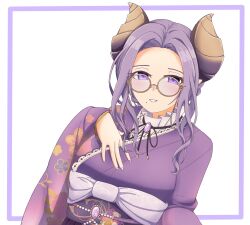 1girl black_ribbon bow brown_horns commentary_request demon_girl demon_horns glasses highres horns japanese_clothes kimono kobayashi_(jym_dg11j) long_hair looking_at_viewer mole mole_under_mouth nanashi_inc. neck_ribbon obi pointy_ears purple_bow purple_eyes purple_hair purple_kimono purple_nails ribbon round_eyewear saionji_mary saionji_mary_(9th_costume) sash smile solo upper_body virtual_youtuber white_background yellow-framed_eyewear
