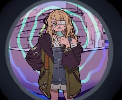 Rule 34 | 1girl, blonde hair, blue overalls, cellphone, cowboy shot, dayama, eyepatch, green eyes, grin, highres, holding, holding phone, kaburaki roco, long hair, medical eyepatch, nijisanji, one eye covered, overalls, phone, single bare shoulder, smartphone, smile, solo, standing, teeth, virtual youtuber