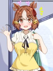1girl afterimage animal_ears bag belno_light_(umamusume) black_ribbon blouse bow breasts brown_hair carrying casual collared_shirt commentary ear_ribbon ear_wiggle frilled_shirt frills hair_ornament handbag highres horse_ears horse_girl horse_tail indoors large_breasts letter_hair_ornament looking_at_viewer motion_lines multicolored_hair neck_ribbon notice_lines open_mouth ribbon seraphyfether shirt short_hair smile solo standing tail teeth translated two-tone_hair umamusume umamusume:_cinderella_gray upper_body upper_teeth_only white_hair yellow_shirt