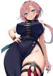 1girl armlet bare_shoulders belt blue_dress blue_eyes blush bracelet breasts china_dress chinese_clothes closed_mouth dress earrings green_belt groin hair_between_eyes hand_on_own_hip highres hololive jewelry large_breasts long_hair pink_hair pink_lips sakanaya_(sakanaya952) simple_background smile solo takane_lui takane_lui_(5th_costume) tassel thigh_strap thighs virtual_youtuber white_background
