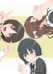 3girls :o absurdres alternate_costume alternate_eye_color amagami apron black_dress black_hair blue_eyes brown_eyes closed_mouth collared_dress commentary_request double_v dress enmaided frilled_apron frills hands_up heart highres kagari_ds looking_at_viewer maid maid_apron medium_hair multiple_girls nakata_sae nanasaki_ai open_mouth profile short_hair tachibana_miya upper_body v white_apron