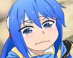 1boy :i armor black_armor blue_cape blue_eyes blue_hair blue_tunic cape crying crying_aqua_(meme) fire_emblem fire_emblem:_genealogy_of_the_holy_war from_above furrowed_brow hair_between_eyes headband light_blush long_hair looking_at_viewer low_ponytail male_focus meme nintendo nyawn5 parody pauldrons ponytail seliph_(fire_emblem) shoulder_armor solo tearing_up tunic twitter_username v-shaped_eyebrows wavy_mouth white_headband