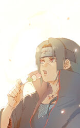 Rule 34 | 1boy, akatsuki uniform, black hair, dango, food, forehead protector, holding, holding food, long hair, male focus, meitarou, nail polish, naruto (series), naruto shippuuden, open mouth, solo, uchiha itachi, wagashi