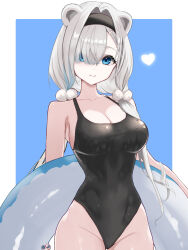 1girl absurdres animal_ears arknights aurora_(arknights) black_hairband black_one-piece_swimsuit blue_background blue_eyes border breasts cleavage closed_mouth collarbone commentary cowboy_shot dr.lamina grey_hair groin hair_intakes hair_over_one_eye hairband heart highleg highleg_one-piece_swimsuit highres innertube large_breasts long_hair looking_at_viewer one-piece_swimsuit outside_border simple_background smile solo standing swim_ring swimsuit symbol-only_commentary wet white_border