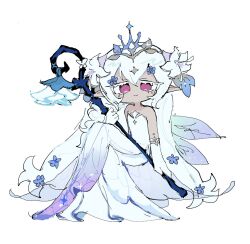 1girl absurdly_long_hair alt_text bare_shoulders blue_flower braid closed_mouth colored_eyelashes commentary_request cookie_run cookie_run:_kingdom dress elbow_gloves fairy_wings flat_chest flower gloves gradient_clothes gradient_dress hair_flower hair_ornament holding holding_staff invisible_chair knees_up korean_commentary long_dress long_hair looking_at_viewer no_nose no_pupils official_alternate_costume official_alternate_hairstyle pink_eyes pointy_ears purple_dress side_braid simple_background single_braid sitting smile solo sparkle staff strapless strapless_dress takawoyu tiara very_long_hair white_background white_dress white_eyelashes white_flower white_gloves white_hair white_lily white_lily_cookie white_lily_cookie_(moonflower_faerie) wings