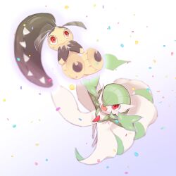 Rule 34 | bob cut, colored skin, confetti, dress, enden (pixiv 57969220), extra mouth, fangs, gardevoir, gen 3 pokemon, glowing hands, green hair, green skin, hair over one eye, highres, mawile, multicolored skin, nintendo, pokemon, pokemon (creature), red eyes, sweatdrop, two-tone skin, white dress, white skin, yellow skin