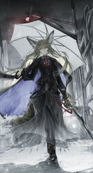 1girl absurdres animal_ears arknights black_jacket blonde_hair closed_mouth full_body gloves highres holding holding_sword holding_umbrella holding_weapon jacket long_hair long_sleeves nueegochi orange_eyes rain solo sword tail umbrella vulpisfoglia_(arknights) weapon