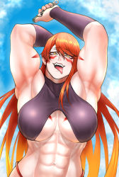 1girl :p abs arm_behind_head biceps blonde_hair blush body_markings breasts cloud cloudy_sky detached_sleeves facial_mark fuuma_kotarou_(tenkaichi) gradient_hair halterneck highres holding holding_syringe large_breasts long_hair looking_at_viewer multicolored_hair muscular muscular_female obliques orange_hair red_hair revealing_clothes sky sleeveless smile solo syringe tenkaichi_nihon_saikyou_bugeisha_ketteisen tongue tongue_out wristband yellow_eyes yukimune