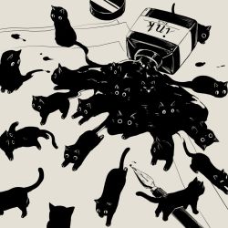 animal animal_focus avogado6 black_cat bottle cat nib_pen_(object) greyscale ink inkwell monochrome no_humans original paper pen spill too_many too_many_cats