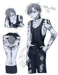 1boy absurdres alien_stage arm_tattoo back_tattoo belt bobby_pin character_name choker cigarette commentary denim ear_piercing earrings english_commentary eyebrow_piercing flower_tattoo green_eyes greyscale hand_in_pocket hand_tattoo highres holding holding_cigarette jewelry monochrome multiple_tattoos multiple_views neck_tattoo necklace notice_lines pants piercing ring shinumeru shoulder_tattoo sweat tank_top tattoo till_(alien_stage) tongue tongue_out torn_clothes torn_pants undressing wing_tattoo
