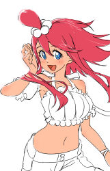 Rule 34 | 1girl, :d, absurdres, blue eyes, crop top, hair between eyes, hair ornament, hair scrunchie, highres, looking at viewer, navel, nintendo, official alternate costume, open mouth, partially colored, pokemon, pokemon masters ex, red hair, scrunchie, shorts, skyla (pokemon), skyla (summer 2025) (pokemon), smile, solo, u4 99384295, white background
