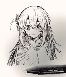 1girl art_tools_in_frame blush bocchi_the_rock! commentary_request cropped_torso cube_hair_ornament gotoh_hitori graphite_(medium) greyscale hair_between_eyes hair_ornament hatching_(texture) jacket linear_hatching long_hair looking_at_viewer monochrome one_side_up simple_background solo sweat takoiro traditional_media white_background