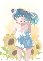 Rule 34 | 1girl, absurdres, bikini, bikini skirt, blue bikini, blue hair, closed eyes, commentary, flower, frilled bikini, frills, hair bun, highres, leaning forward, long hair, love live!, love live! sunshine!!, open mouth, piyosan1031, single hair bun, smile, solo, sunflower, swimsuit, tsushima yoshiko, white background