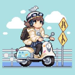 1girl animal animal_on_head backpack bag bird bird_on_head blue_skirt brown_hair cloud commentary_request day full_body goggles goggles_on_headwear hat hood hoodie long_sleeves moped motor_vehicle on_head open_clothes open_hoodie open_mouth original outdoors oyuzaki_(ayuzaki) pigeon pixel_art pleated_skirt road_sign shoes short_hair sign sitting skirt solo white_hat yellow_eyes yellow_hoodie yellow_shoes