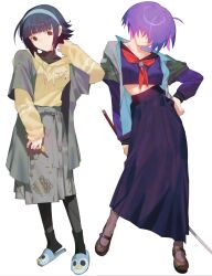 2girls ahoge alice_(raneblu) black_hair black_pantyhose black_shirt black_socks boxcutter breasts brown_shoes closed_mouth crop_top full_body grey_jacket grey_shirt grin hair_over_eyes hairband hand_on_own_hip hand_up head_tilt highres holding holding_boxcutter holding_sword holding_weapon hood hoodie jacket katana long_sleeves mara_(raneblu) mary_janes midriff multiple_girls neckerchief open_clothes open_jacket original pantyhose purple_hair purple_shirt purple_skirt raneblu red_neckerchief sailor_collar school_uniform shirt shoes short_hair skirt slippers small_breasts smile socks standing sword weapon yellow_hoodie