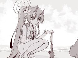 1girl bikini blue_archive blush bottomless chise_(blue_archive) chise_(swimsuit)_(blue_archive) commentary_request crab flower gradient_horns hair_flower hair_ornament halo holding holding_swimsuit holding_unworn_clothes horns korean_commentary loli long_hair multicolored_horns parted_lips sailor_collar side_ponytail skin-covered_horns solo squatting string_bikini striped_bikini striped_clothes swimsuit swimsuit_cover-up unworn_bikini_bottom unworn_swimsuit very_long_hair wet yusang