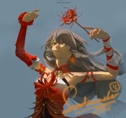 1girl absurdres arms_up bandaged_arm bandages blood bloody_tears breasts commentary dated detached_sleeves earrings flower grey_background grey_eyes grey_hair heterochromia highres holding holding_flower jewelry long_hair phrolova_(wuthering_waves) red_eyes signature single_detached_sleeve small_breasts sodacracker solo spider_lily tacet_mark_(wuthering_waves) twitter_username upper_body wuthering_waves