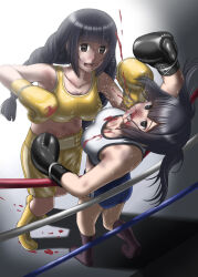 2girls black_hair blood boots boxing boxing_gloves boxing_ring boxing_shorts catfight galapagos_syndrome highres mouth_guard multiple_girls nosebleed punching ryona shorts sports_bra sweat